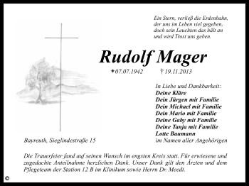 Anzeige von Mager Rudolf von Nordbayerischer Kurier