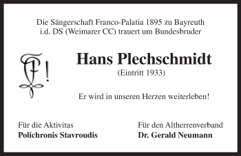 Anzeige von Hans Plechschmidt von Nordbayerischer Kurier