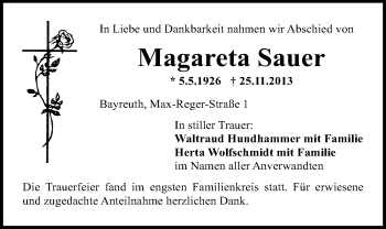 Anzeige von Margareta Sauer von Nordbayerischer Kurier