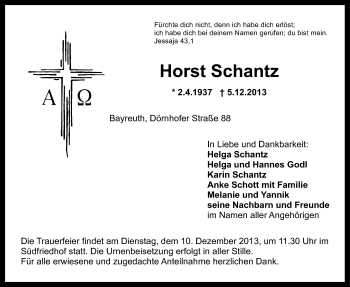 Anzeige von Horst Schantz von Nordbayerischer Kurier