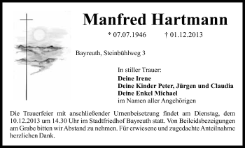 Anzeige von Manfred Hartmann von Nordbayerischer Kurier
