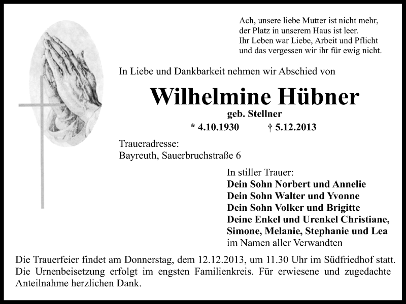  Traueranzeige für Wilhelmine Hübner vom 10.12.2013 aus Nordbayerischer Kurier