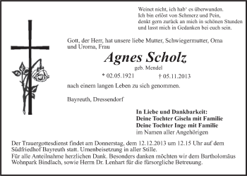 Anzeige von Agnes Scholz von Nordbayerischer Kurier