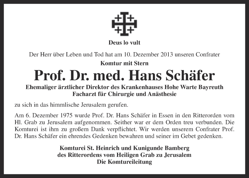  Traueranzeige für Hans Schäfer vom 14.12.2013 aus Nordbayerischer Kurier