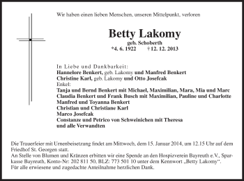 Anzeige von Betty Lakomy von Nordbayerischer Kurier