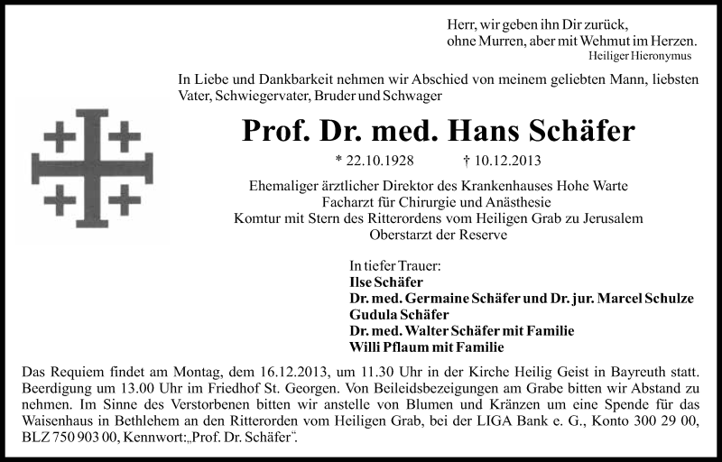  Traueranzeige für Hans Schäfer vom 14.12.2013 aus Nordbayerischer Kurier