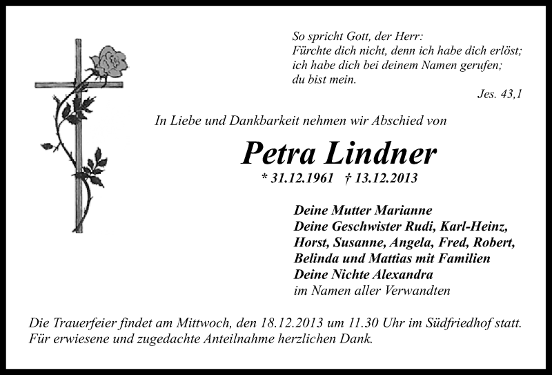  Traueranzeige für Petra Lindner vom 16.12.2013 aus Nordbayerischer Kurier