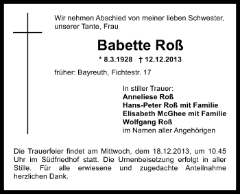 Anzeige von Babette Roß von Nordbayerischer Kurier
