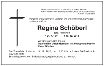 Anzeige von Regina Schöberl von Nordbayerischer Kurier