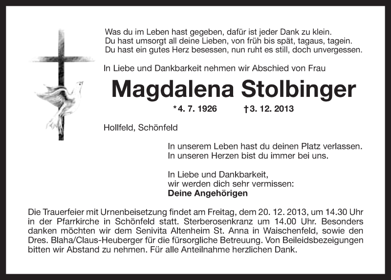  Traueranzeige für Magdalena Stolbinger vom 18.12.2013 aus Nordbayerischer Kurier