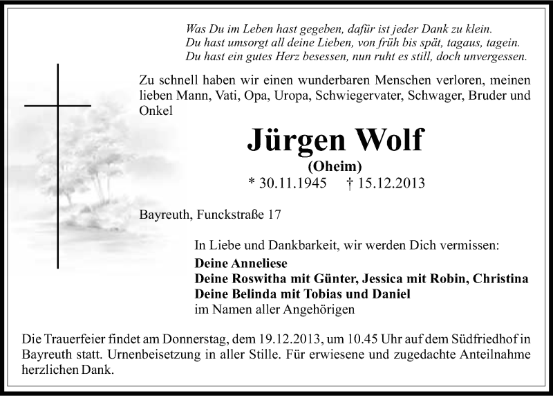  Traueranzeige für Jürgen Wolf vom 17.12.2013 aus Nordbayerischer Kurier