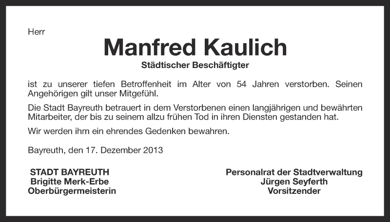  Traueranzeige für Manfred Kaulich vom 17.12.2013 aus Nordbayerischer Kurier