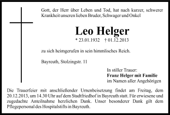 Anzeige von Leo Helger von Nordbayerischer Kurier