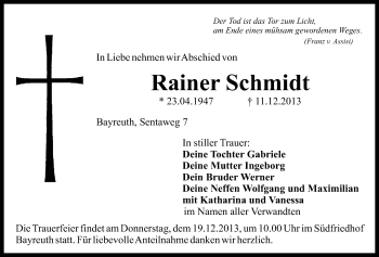 Anzeige von Rainer Schmidt von Nordbayerischer Kurier