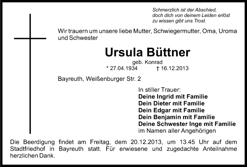  Traueranzeige für Ursula Büttner vom 18.12.2013 aus Nordbayerischer Kurier