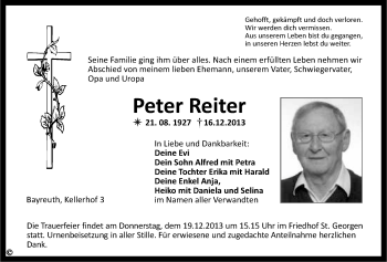 Anzeige von Peter Reiter von Nordbayerischer Kurier