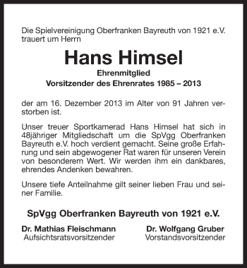 Anzeige von Hans Himsel von Nordbayerischer Kurier