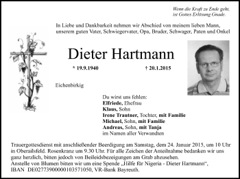 Anzeige von Dieter Hartmann von Nordbayerischer Kurier