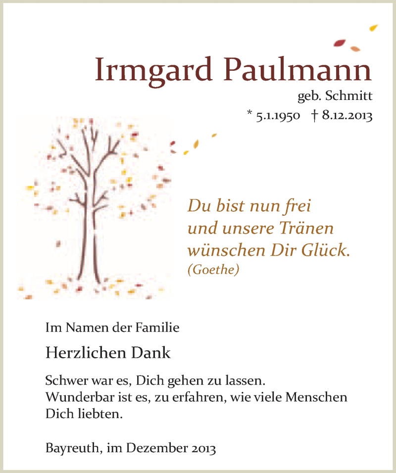  Traueranzeige für Irmgard Paulmann vom 21.12.2013 aus Nordbayerischer Kurier