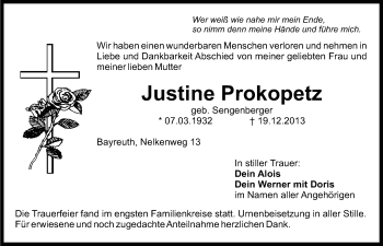 Anzeige von Justine Prokopetz von Nordbayerischer Kurier