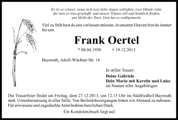 Anzeige von Frank Oertel von Nordbayerischer Kurier