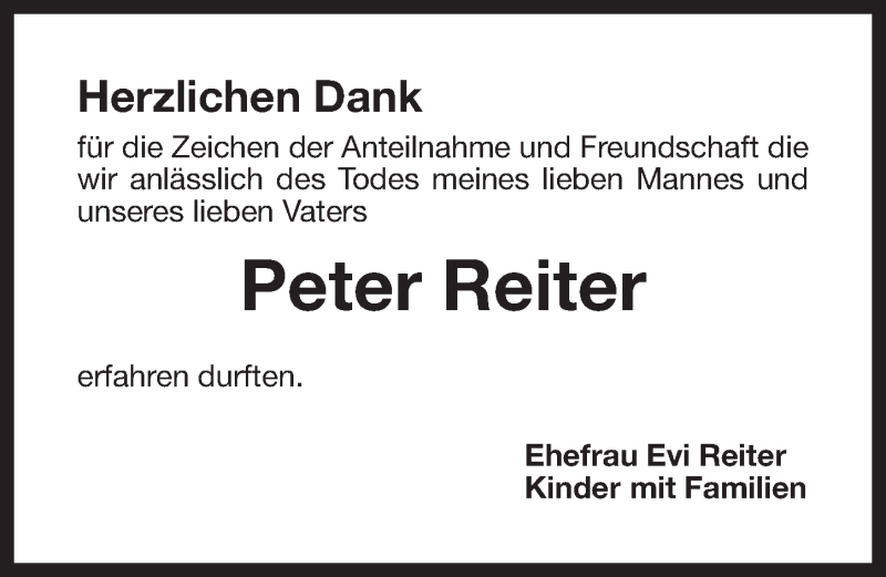  Traueranzeige für Peter Reiter vom 28.12.2013 aus Nordbayerischer Kurier