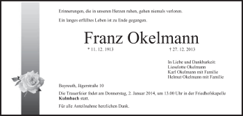 Anzeige von Franz Okelmann von Nordbayerischer Kurier