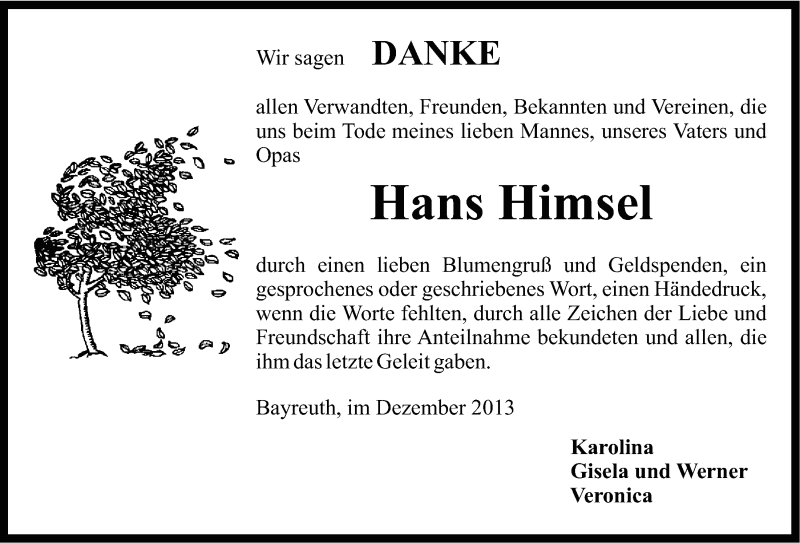 Traueranzeige für Hans Himsel vom 31.12.2013 aus Nordbayerischer Kurier