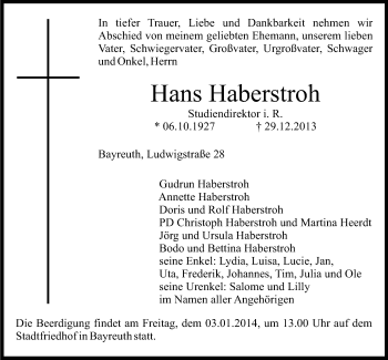 Anzeige von Hans Haberstroh von Nordbayerischer Kurier