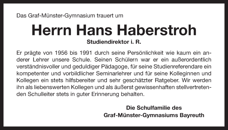  Traueranzeige für Hans Haberstroh vom 03.01.2014 aus Nordbayerischer Kurier