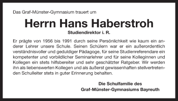 Anzeige von Hans Haberstroh von Nordbayerischer Kurier