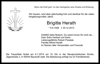 Anzeige von Brigitte Herath von Nordbayerischer Kurier