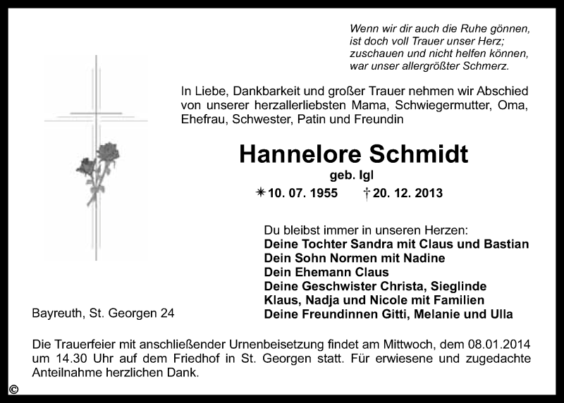  Traueranzeige für Hannelore Schmidt vom 04.01.2014 aus Nordbayerischer Kurier