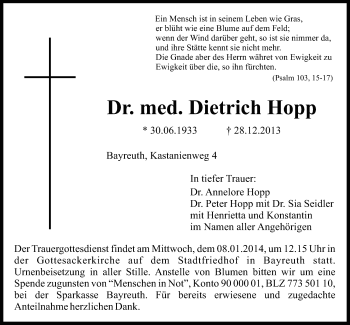 Anzeige von Dietrich Hopp von Nordbayerischer Kurier