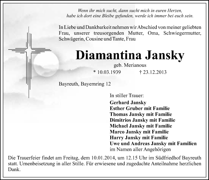  Traueranzeige für Diamantina Jansky vom 04.01.2014 aus Nordbayerischer Kurier