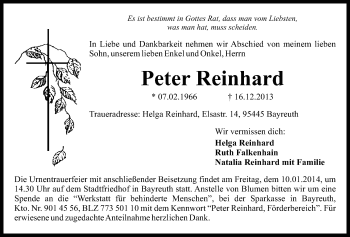 Anzeige von Peter Reinhard von Nordbayerischer Kurier