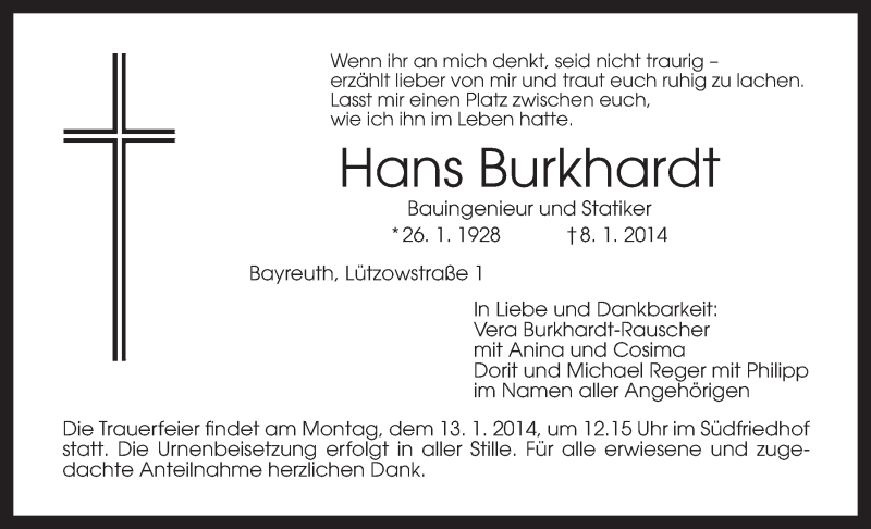  Traueranzeige für Hans Burkhardt vom 11.01.2014 aus Nordbayerischer Kurier