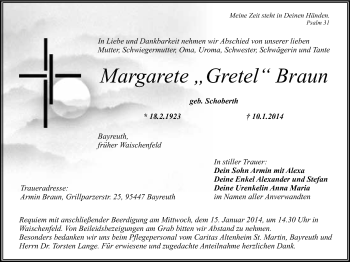 Anzeige von Margarete Braun von Nordbayerischer Kurier