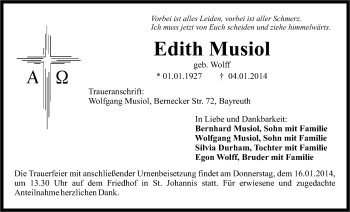 Anzeige von Edith Musiol von Nordbayerischer Kurier
