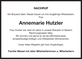 Anzeige von Annemarie Hutzler von Nordbayerischer Kurier