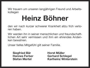 Anzeige von Heinz Böhner von Nordbayerischer Kurier
