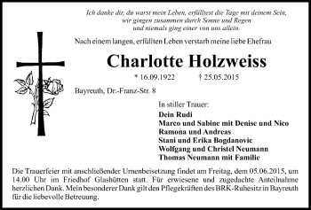 Anzeige von Charlotte Holzweiss von Nordbayerischer Kurier