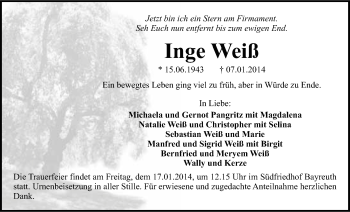 Anzeige von Inge Weiß von Nordbayerischer Kurier