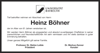 Anzeige von Heinz Böhner von Nordbayerischer Kurier