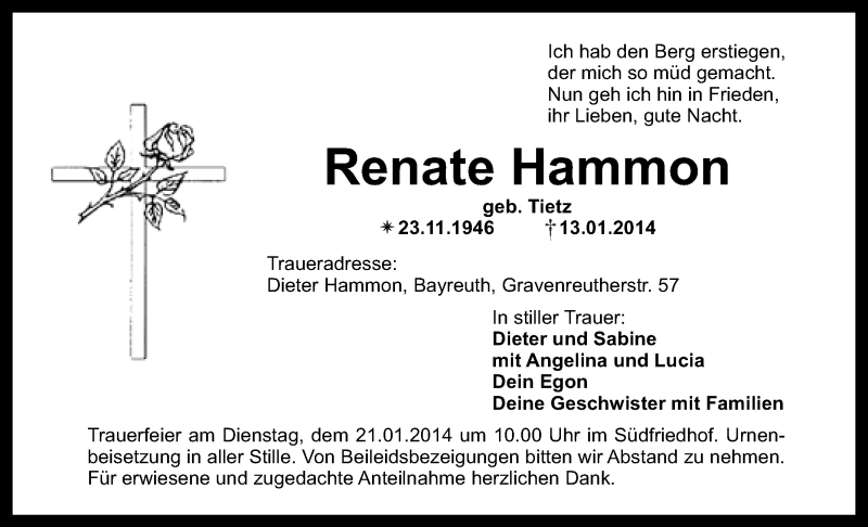  Traueranzeige für Renate Hammon vom 16.01.2014 aus Nordbayerischer Kurier