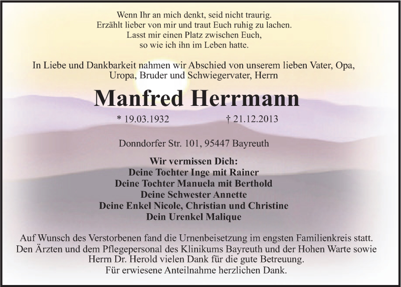  Traueranzeige für Manfred Herrmann vom 17.01.2014 aus Nordbayerischer Kurier