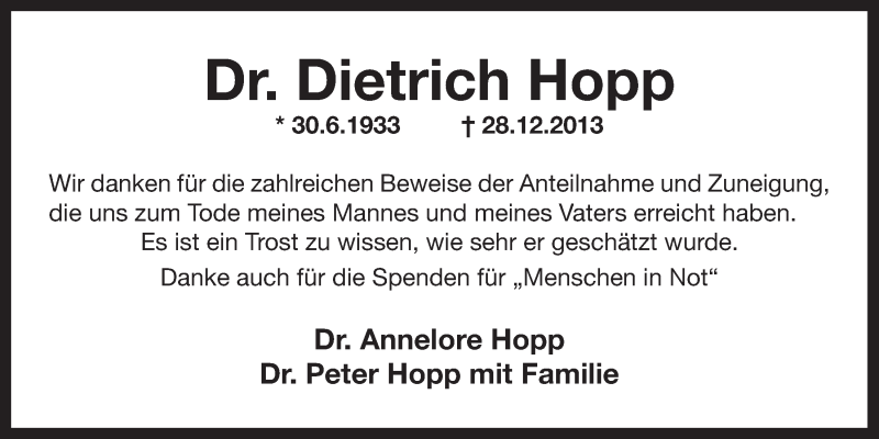  Traueranzeige für Dietrich Hopp vom 18.01.2014 aus Nordbayerischer Kurier