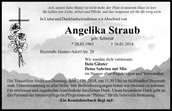 Anzeige von Angelika Straub von Nordbayerischer Kurier