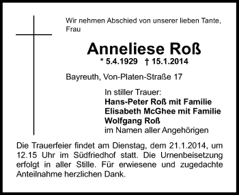 Anzeige von Anneliese Roß von Nordbayerischer Kurier