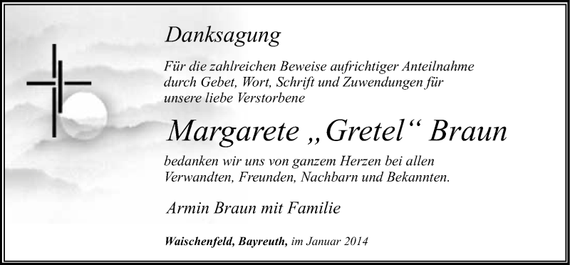  Traueranzeige für Margarete Braun vom 21.01.2014 aus Nordbayerischer Kurier